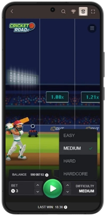 Selezione della difficoltà in Cricket Road: Easy, Medium e Hard